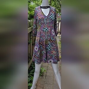 Shelly Klassin boho bright patterned dress. Fit and flair small
